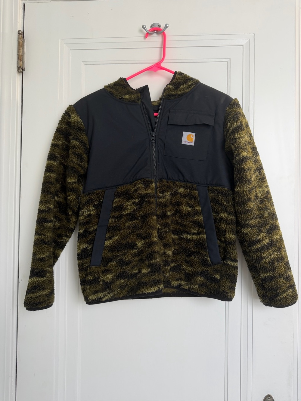 Carhartt Boys Sherpa Fleece Hooded Jacket M 10-12 Camo Black Full Zip